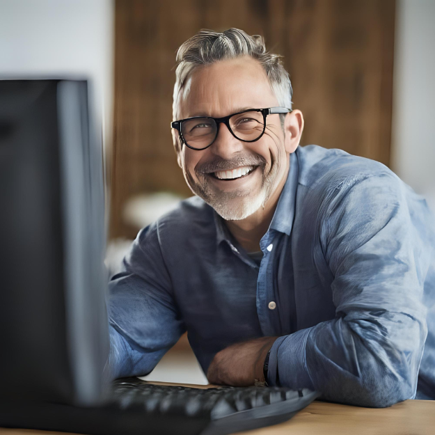 Man met bril lachend achter een computerscherm