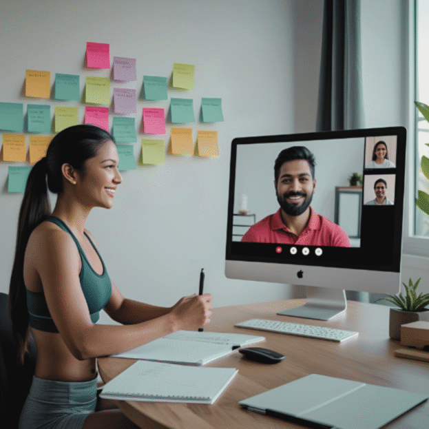 Webdesign en webhosting - Training via online meering met post-its op de achtergrond
