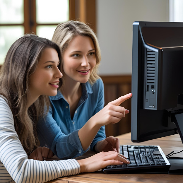 Twee vrouwen die samen voor computerscherm zitten