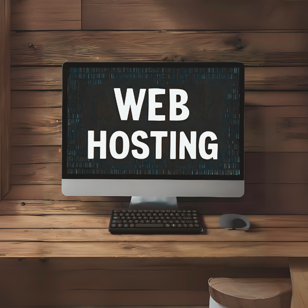 Webhosting op computerscherm met houten achtergrond